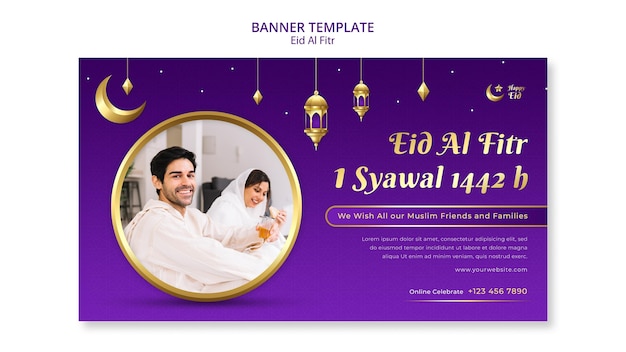 Free PSD eid al fitr banner template with lantern and moon decoration