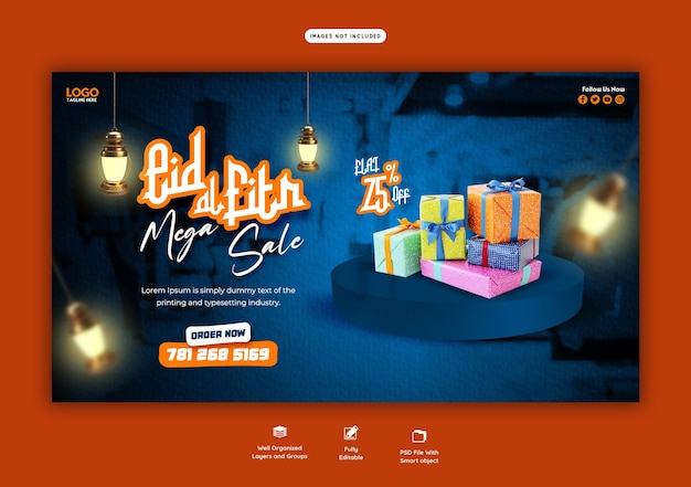 Eid mubarak and eid ul fitr mega sale web banner template