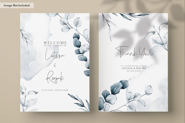 Free PSD elegant blue watercolor leaves wedding invitation card