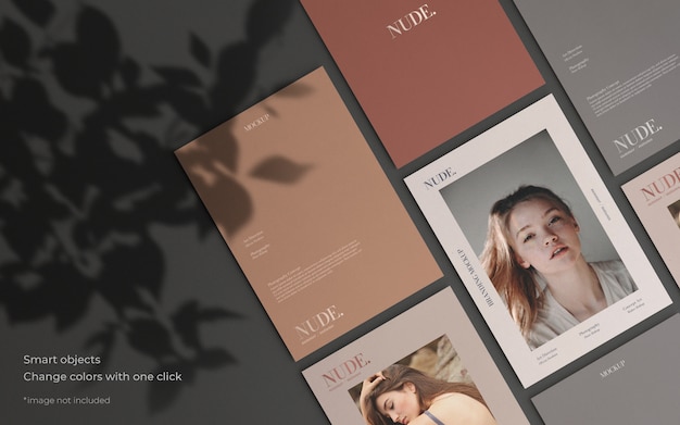 Elegant brochure collection mockup with botanical shadow