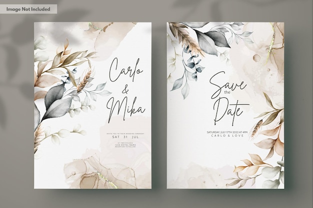 elegant brown leaves watercolor wedding card template