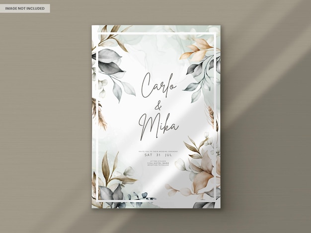 Free PSD elegant brown leaves watercolor wedding card template