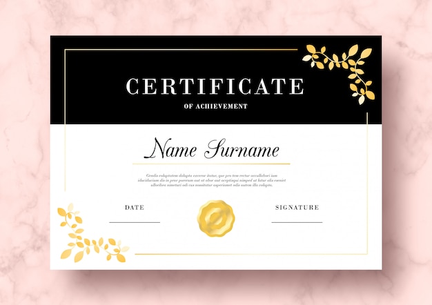 Free PSD elegant certificate of achievement with golden leaves psd template