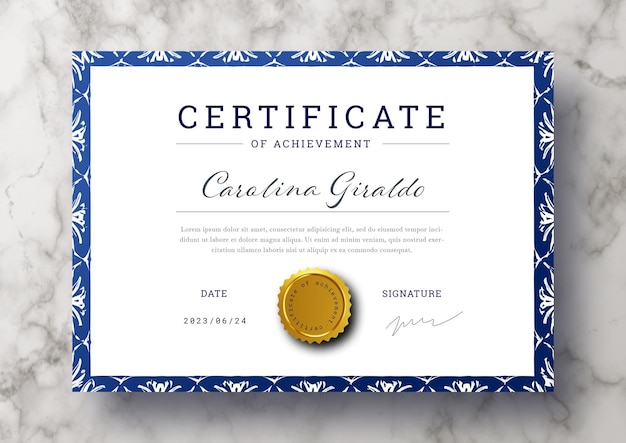 Free PSD elegant certificate template with vintage floral frame