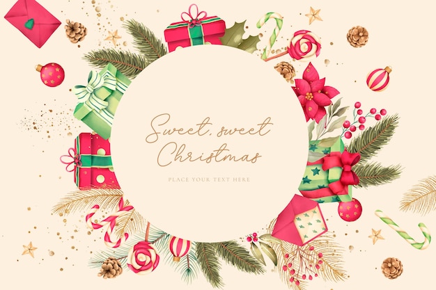 Free PSD elegant christmas background with watercolor nature and ornaments