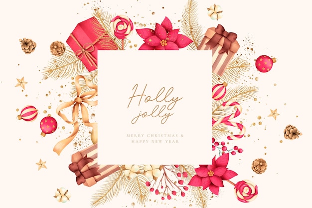 Free PSD elegant christmas background with watercolor nature and ornaments