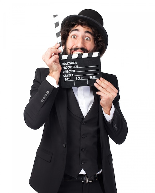 Free PSD elegant man with a film clapperboard