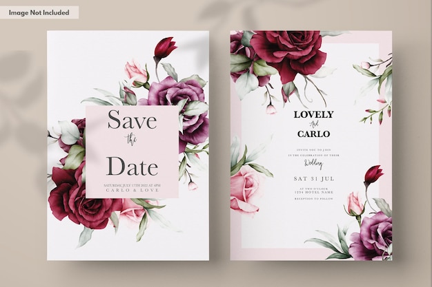 elegant red roses watercolor wedding invitation card set