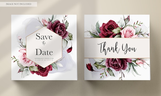 Free PSD elegant red roses watercolor wedding invitation card set