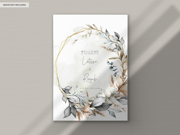 Free PSD elegant wedding invitation card with bohemian leaves watercolor