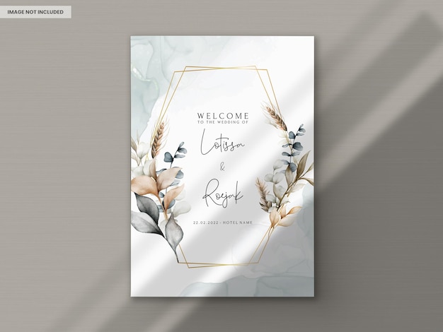 Free PSD elegant wedding invitation card with bohemian leaves watercolor