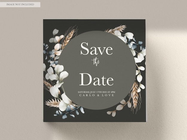 Free PSD elegant wedding invitation card with bohemian leaves watercolor