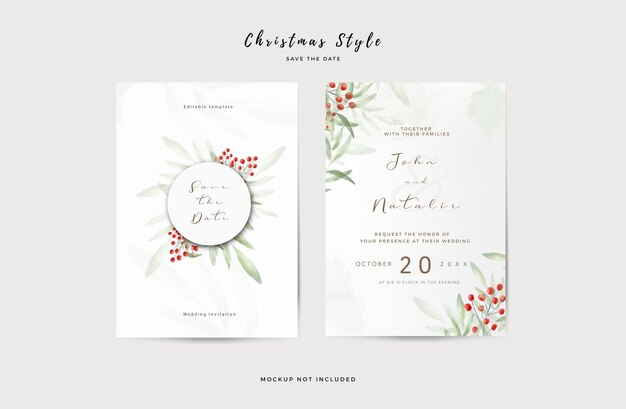 Elegant wedding invitation template with watercolor leaves