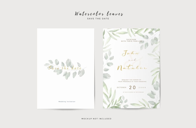 Elegant wedding invitation template with watercolor leaves