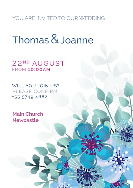 Elegant wedding invitation with blue flowers