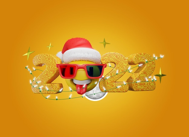 Emoji celebrating new year 2022 with lights. 3d illustration