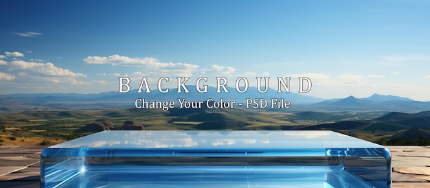 Free PSD empty top of table in front of beautiful landscape background for product display