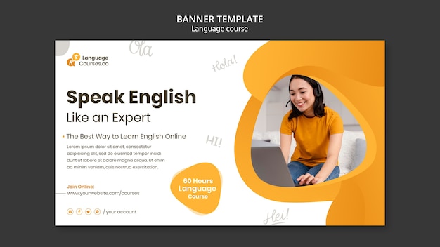 English language classes horizontal banner template with liquid effect