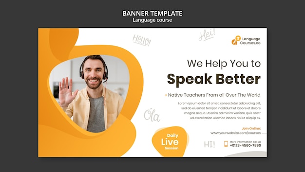 English language classes horizontal banner template with liquid effect