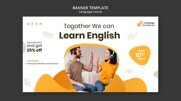 English language classes horizontal banner template with liquid effect