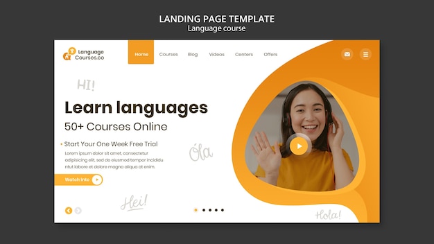 English language classes landing page template with liquid effect