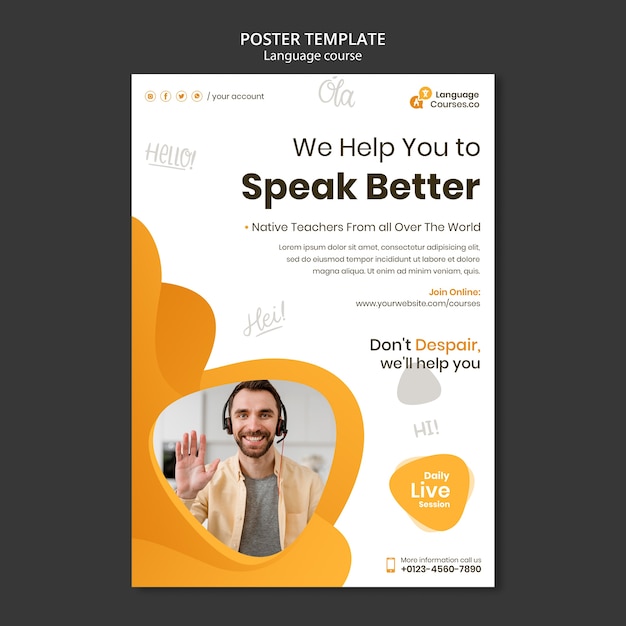 English language classes vertical poster template with liquid effect