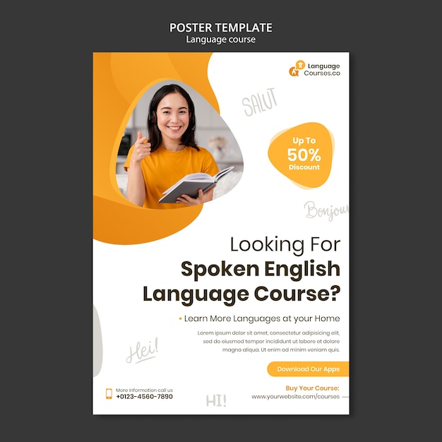 English language classes vertical poster template with liquid effect