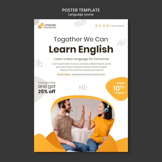 English language classes vertical poster template with liquid effect