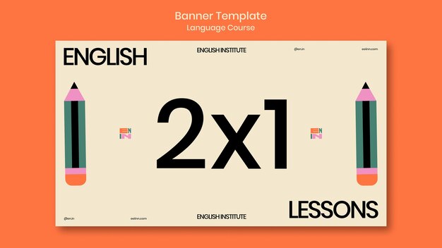 English language courses horizontal banner template in retro style