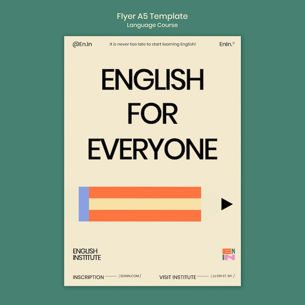 Free PSD english language courses vertical flyer template in retro style