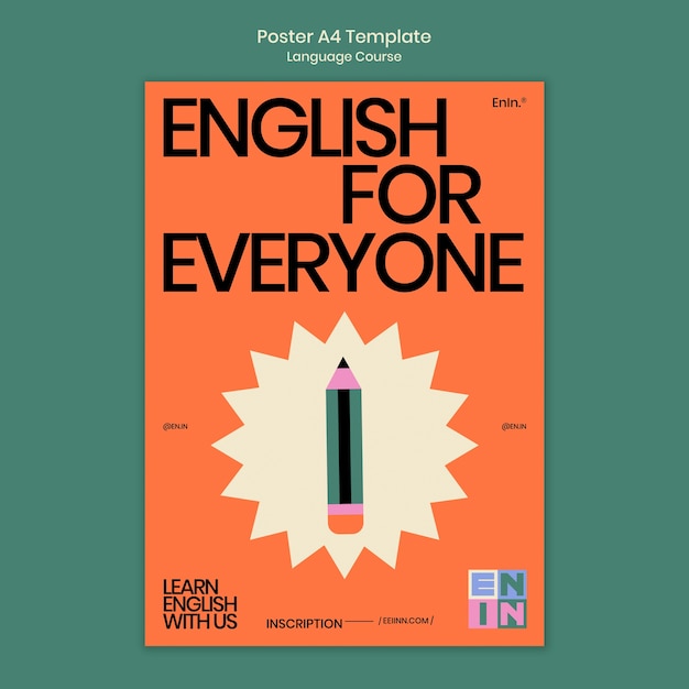 English language courses vertical poster template in retro style