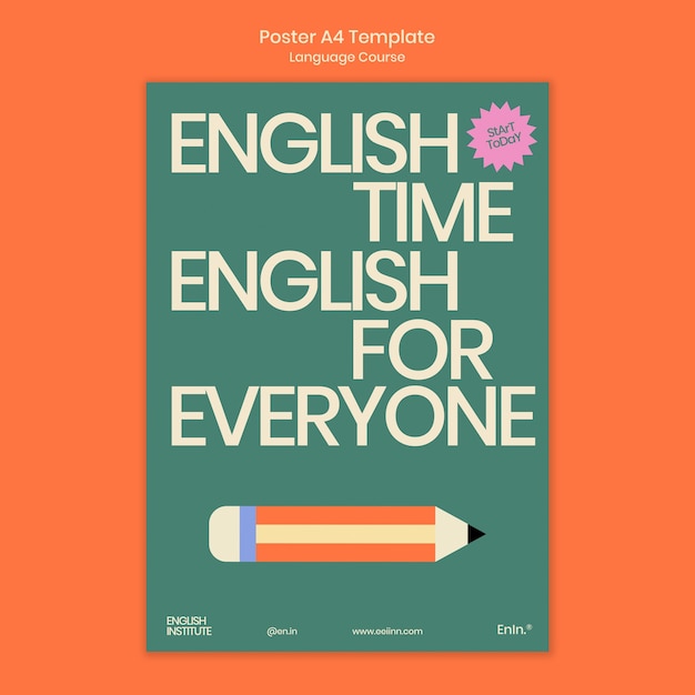 Free PSD english language courses vertical poster template in retro style