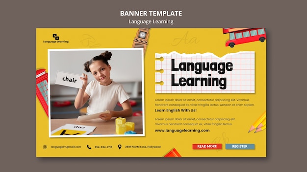 English learning courses horizontal banner template with english elements