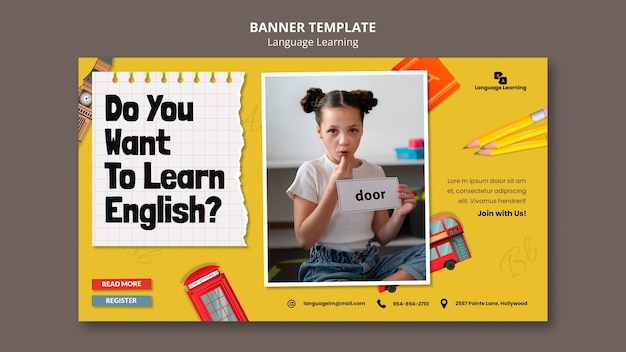 English learning courses horizontal banner template with english elements