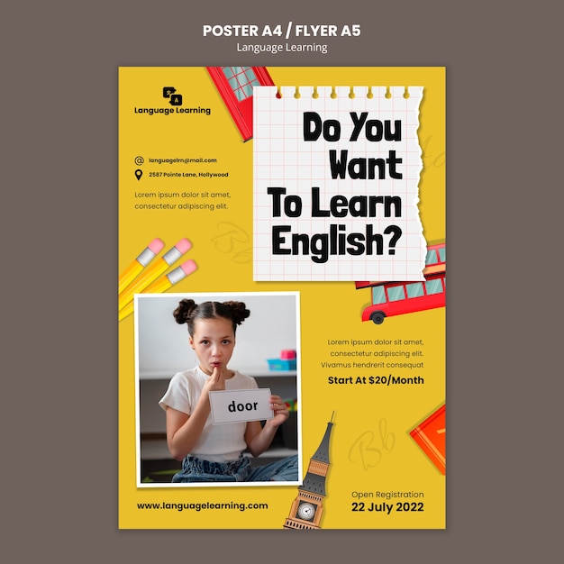 English learning courses vertical poster template with english elements