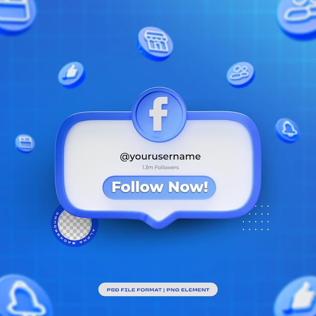 Free PSD facebook follow us banner element icon with user name isolated 3d render