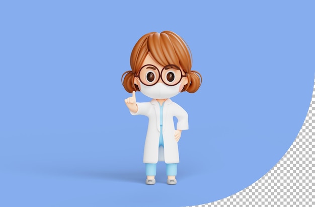 Free PSD female doctor standing and pointing fingers up having great idea 3d illustration cartoon character