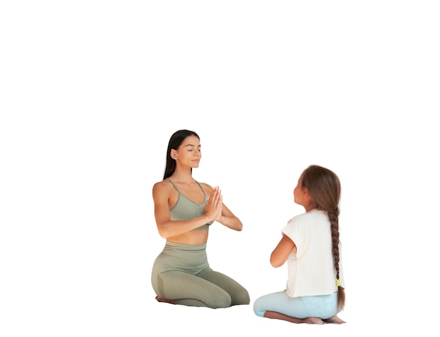 Free PSD female yoga instructor doing meditation with young girl