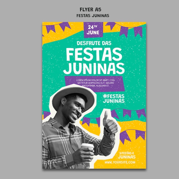 Festas juninas vertical flyer template in paper cut-out style