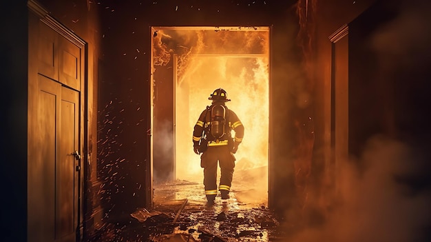 Free PSD firefighter works on fire fireman walks inside burning building generative ai