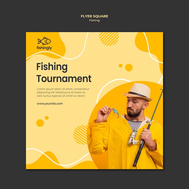 Free PSD fishing tournament man in yellow fishing coat square flyer