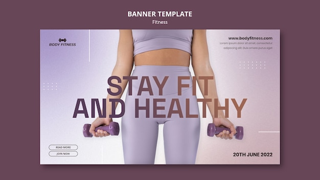 Fitness horizontal banner template with woman and dumbells