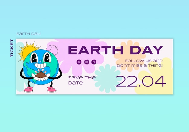 Free PSD flat cartoon world earth day ticket template