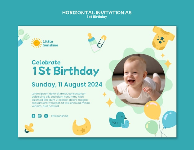 Free PSD flat design 1st birthday template design