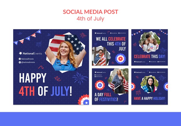 Flat design 4th of july instagram post design template