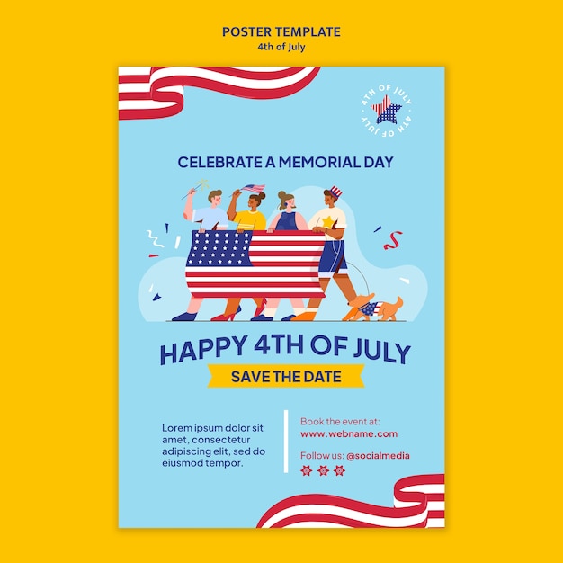 Free PSD flat design 4th of july poster template