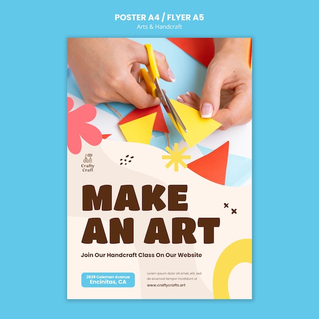 Free PSD flat design of art and handcrafts poster or flyer template