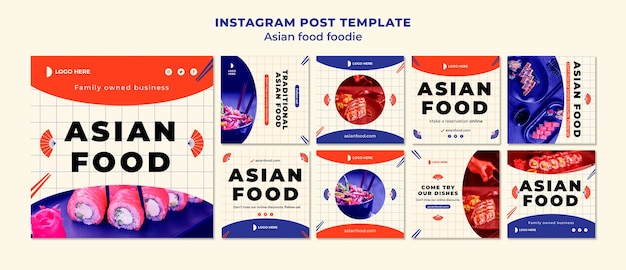 Free PSD flat design asian food instagram posts template