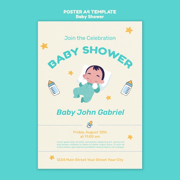 Flat design baby shower template poster design