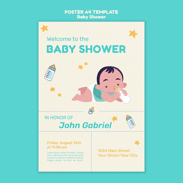 Flat design baby shower template poster design